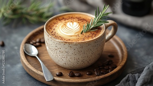 Creamy latte art displayed in a cozy setting with herbs and coffee beans nearby