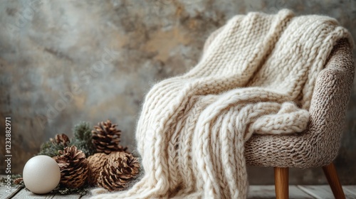Cozy chair with cream blanket and dried flowers in a serene indoor setting