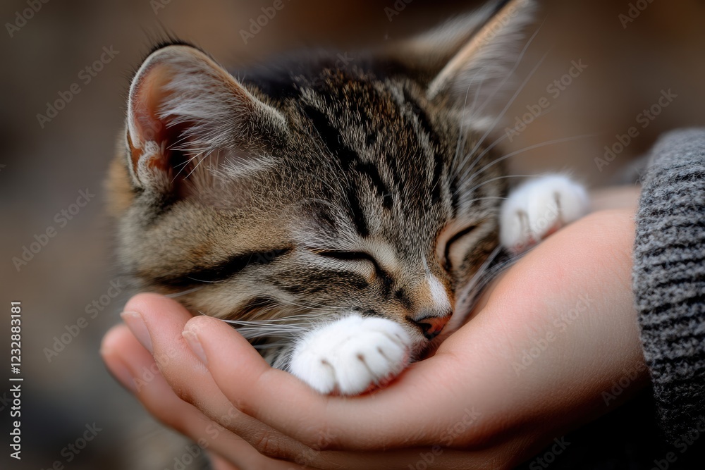 Kitten snuggles into owner's hand for warmth and comfort in cozy moment Kitten snuggles into owner's hand for warmth and comfort in cozy moment