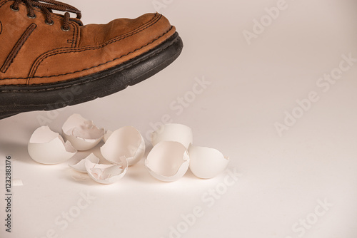 Shoe over broken eggshells, conceptual image about dealing with a difficult touchy situation or person.