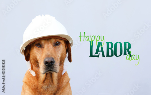 Cute dog with safety helmet isolated on gray background. Text 'Happy Labor Day'.