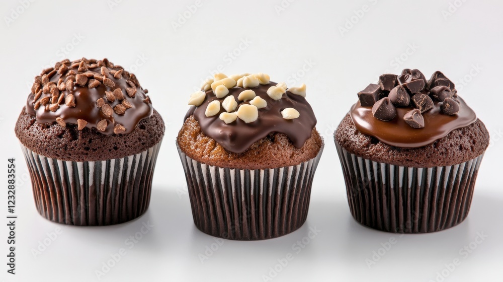 three delicious chocolate cupcakes with different toppings three delicious chocolate cupcakes with different toppings