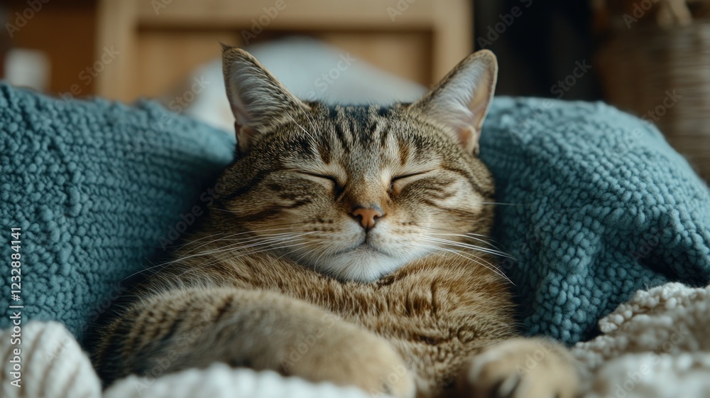 Naklejka premium Tabby cat napping on cozy blankets indoors