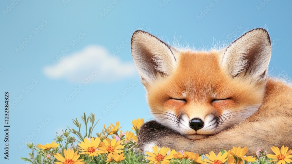 Obraz premium Cute Red Fox Kit Sleeping Amidst Yellow Flowers