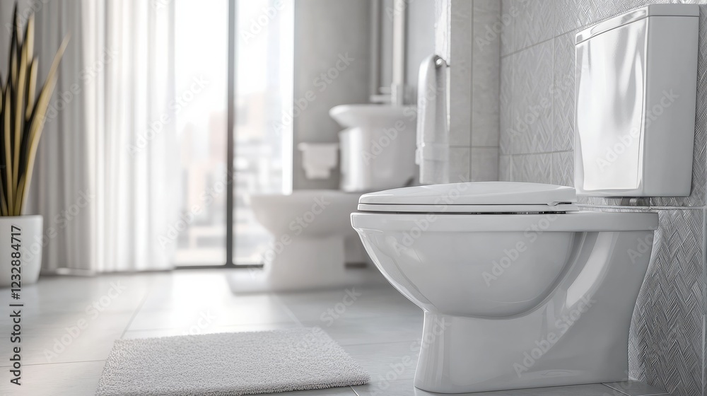 A modern toilet bowl accompanied by a roll of paper inside a bathroom A modern toilet bowl accompanied by a roll of paper inside a bathroom