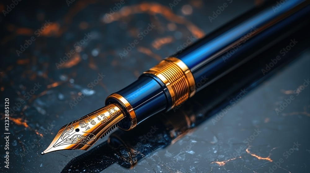 Elegant Blue And Gold Fountain Pen Closeup Elegant Blue And Gold Fountain Pen Closeup