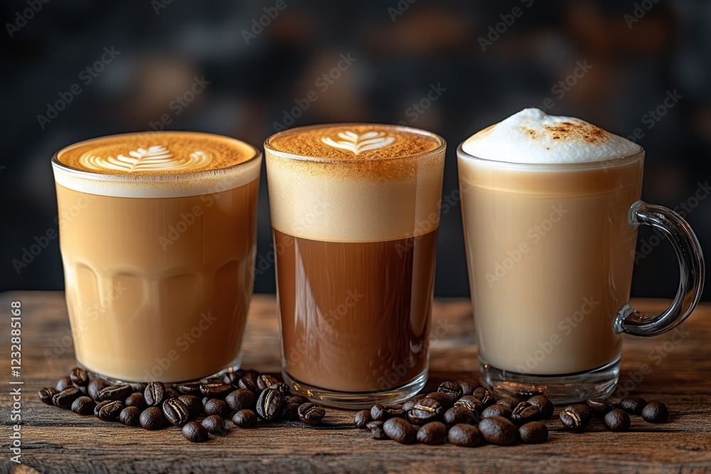 Delicious coffee drinks with rich aromas lined up on a wooden table in a cozy cafe Delicious coffee drinks with rich aromas lined up on a wooden table in a cozy cafe