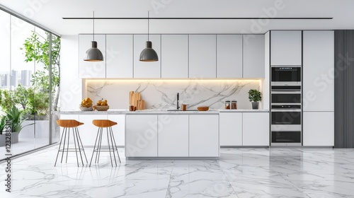 A modern kitchen with white cabinets and marble countertops