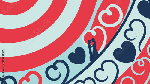 Heart-themed designs with swirling patterns and silhouettes of lovers create a romantic atmosphere perfect for Valentine's Day festivities