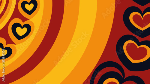 Colorful vectorized heart patterns create a lively background perfect for Valentine’s Day themes, featuring shades of red, orange, and black in a unique design
