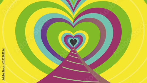 A visually striking pattern showcasing oversized hearts in various colors radiating towards a central point, perfect for Valentine's Day decor or digital designs