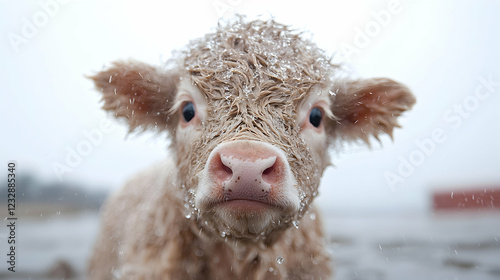 Calf in snowy field, winter farm scene, close-up