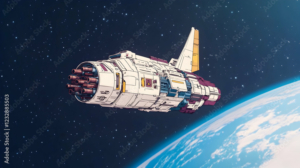 Fototapeta premium Retro spaceship orbiting Earth in space.