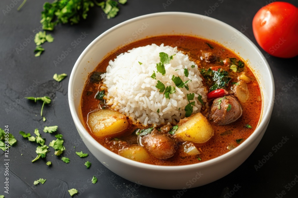 bowl of spicy curry with rice, potatoes, and fresh herbs bowl of spicy curry with rice, potatoes, and fresh herbs