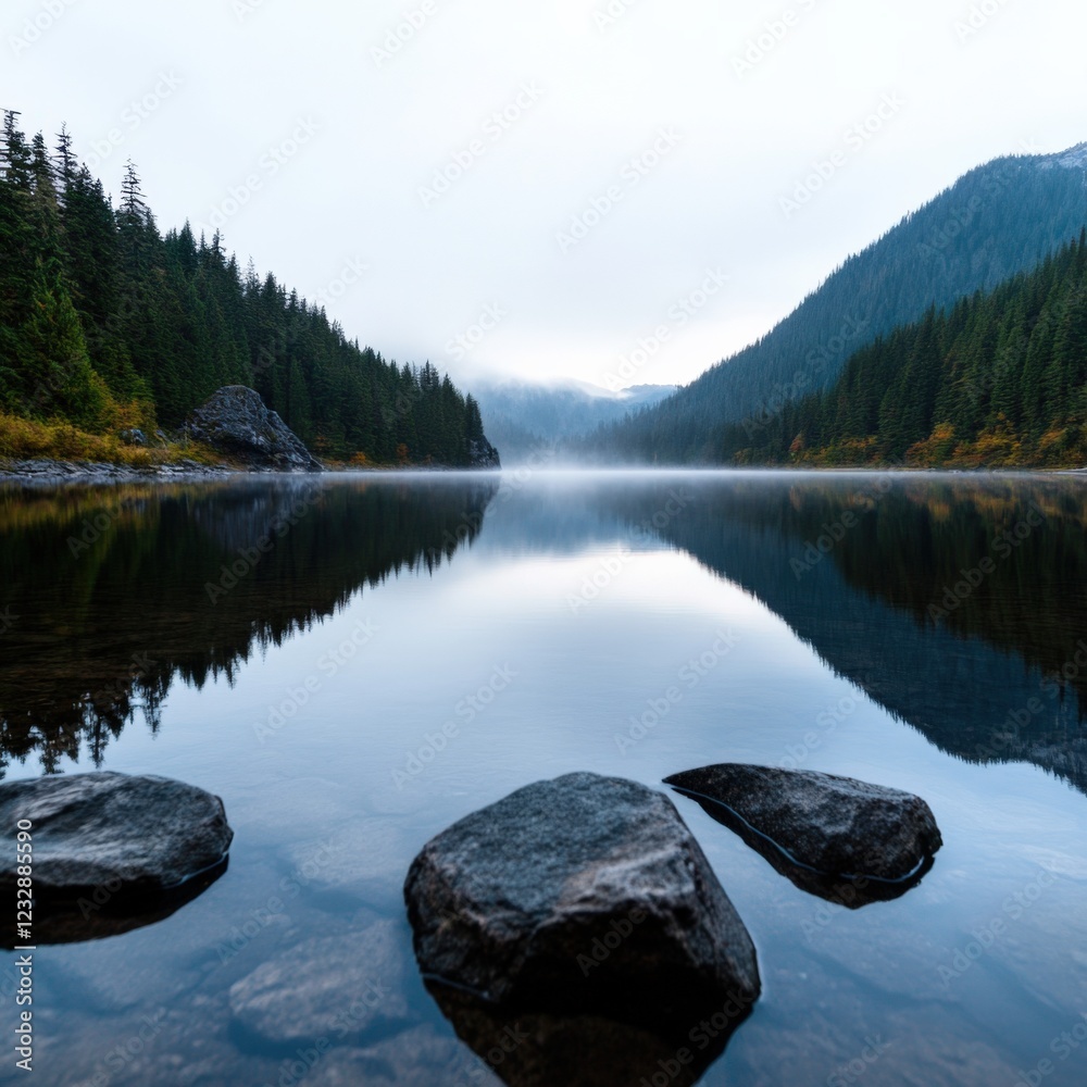 Obraz premium serene mountain lake reflecting forest and fog in the early morning