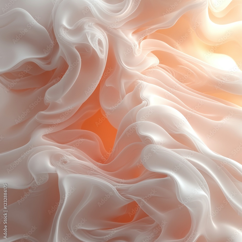 Fototapeta premium Flowing white fabric drapes with orange glow background for texture