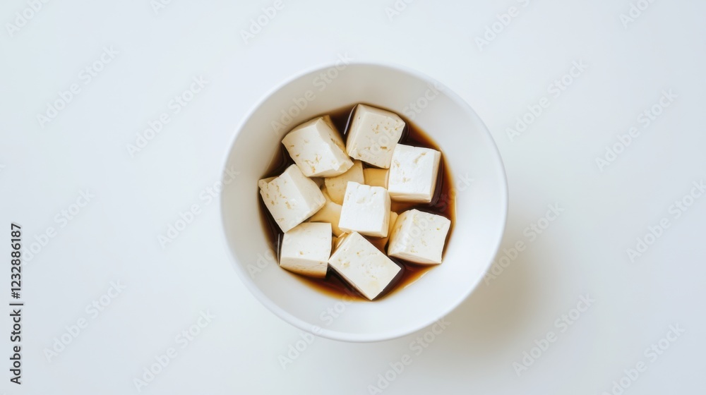 A simple bowl of plain tofu cubes with a light drizzle of soy sauce and a sprinkle of sesame seeds, served in a minimalist white ceramic bowl, Tofu cubes centered A simple bowl of plain tofu cubes with a light drizzle of soy sauce and a sprinkle of sesame seeds, served in a minimalist white ceramic bowl, Tofu cubes centered