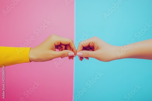 Women making pinky promise on color background, closeup. Friendship Day celebration.