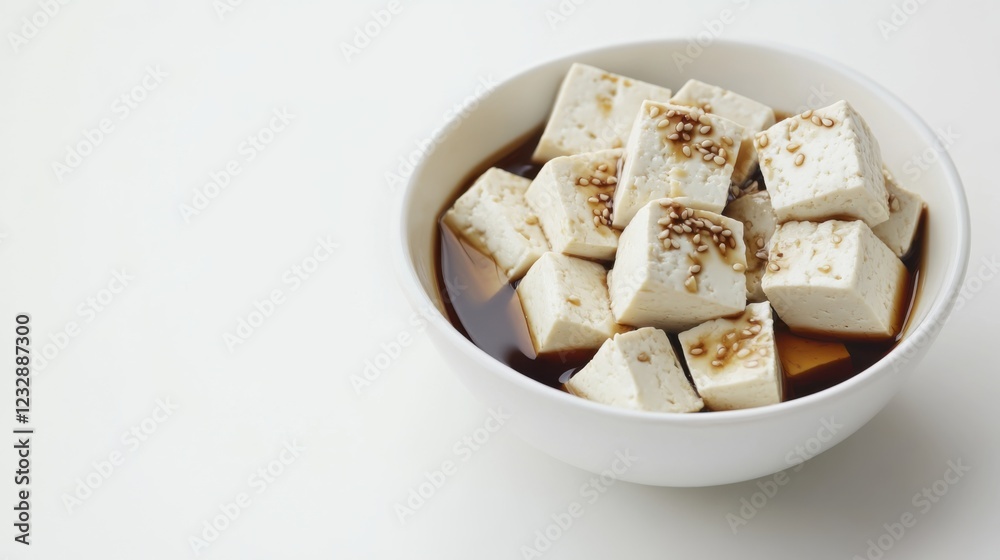 A simple bowl of plain tofu cubes with a light drizzle of soy sauce, served in a minimalist white ceramic bowl, Tofu cubes centered A simple bowl of plain tofu cubes with a light drizzle of soy sauce, served in a minimalist white ceramic bowl, Tofu cubes centered