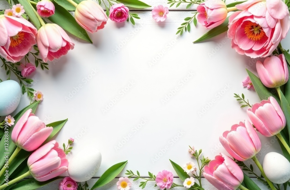 Elegant Easter Greeting Card with decorated eggs and a small bouquet of tulips and Blank Space for Personalized Message Elegant Easter Greeting Card with decorated eggs and a small bouquet of tulips and Blank Space for Personalized Message