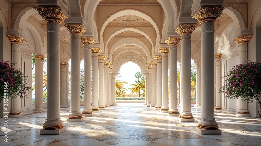 Fototapeta premium Elegant Islamic architecture with detailed columns and high arches, spacious and serene 