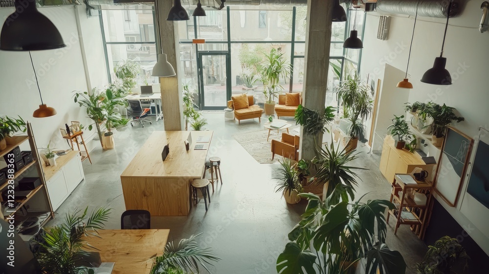 Fototapeta premium Modern Office Interior Design with Abundant Greenery
