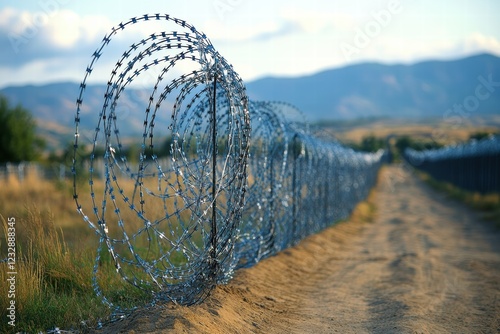 Barbed wire barricades create an imposing boundary near a border crossing area photo