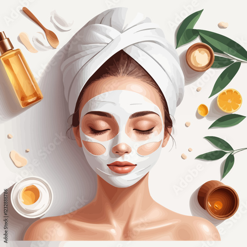 Face of girl with closed eyes with cosmetic facial mask on her face. Spa avatar of young woman with cosmetic mask, cream, receiving skin treatment. Leather care concept. Relaxation. vector ilistration