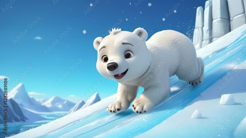 A cartoon polar bear is sliding down a snow-covered slope. The bear is smiling and he is having fun. The scene is bright and cheerful, with the blue sky and snow creating a sense of adventure A cartoon polar bear is sliding down a snow-covered slope. The bear is smiling and he is having fun. The scene is bright and cheerful, with the blue sky and snow creating a sense of adventure