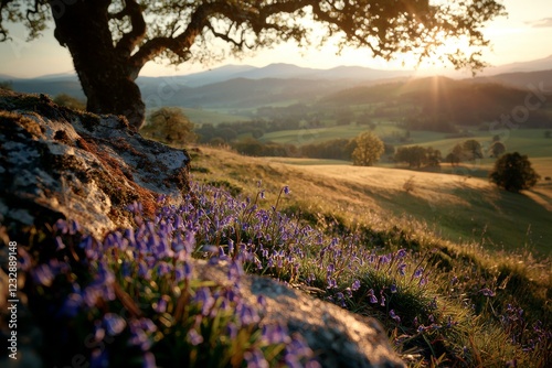 A woodland field in Minterne Magna, Dorset, UK, is home to blooming bluebells (Hyacinthoides non-scripta) photo