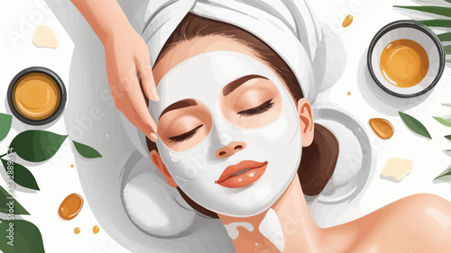 Face of girl with closed eyes with cosmetic facial mask on her face. Spa avatar of young woman with cosmetic mask, cream, receiving skin treatment. Leather care concept. Relaxation. vector ilistration