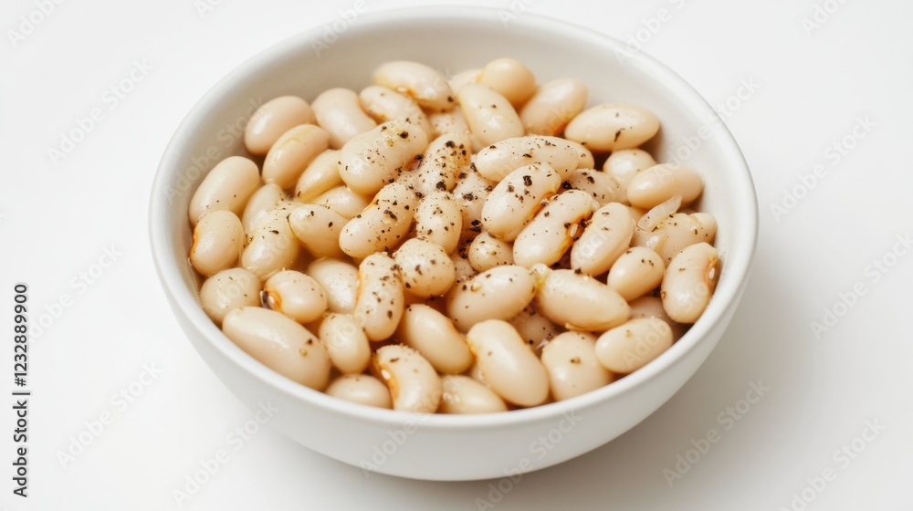 A simple bowl of plain white beans with a light drizzle of olive oil and a sprinkle of black pepper, served in a minimalist white ceramic bowl, White beans centered A simple bowl of plain white beans with a light drizzle of olive oil and a sprinkle of black pepper, served in a minimalist white ceramic bowl, White beans centered