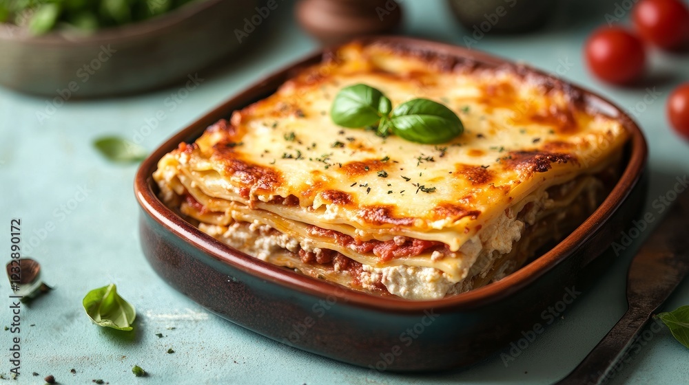 Close-up of a freshly baked lasagna served on a light blue table Close-up of a freshly baked lasagna served on a light blue table
