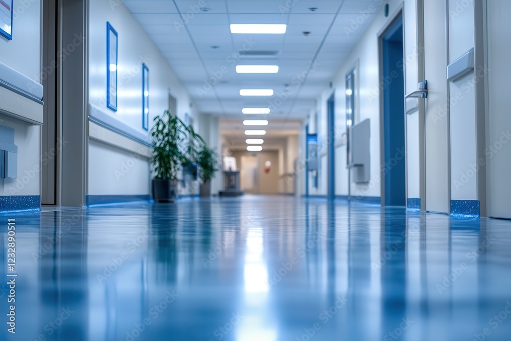 Obraz premium Hospital Hallway Features Reception Area With Unfocused Background and Clean Floor. Generative AI