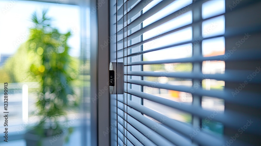 Close-up of an indoor window with horizontal blinds and a control system Close-up of an indoor window with horizontal blinds and a control system
