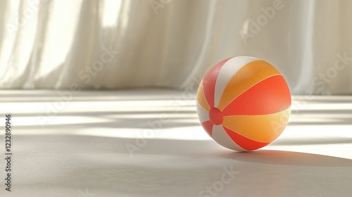 Colorful Beach Ball Rests On White Floor Near Curtains