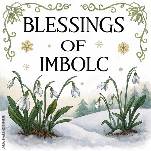 Blessings of Imbolc greeting with snowdrops and winter landscape photo