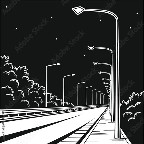  Minimalist Monochrome Line Art of a Lonely Road Lit by Distant Streetlights