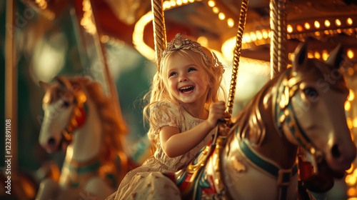 A joyful little girl dressed as a princess rides a carousel horse, laughing with excitement under glowing lights, capturing the magic of childhood and fairytale dreams