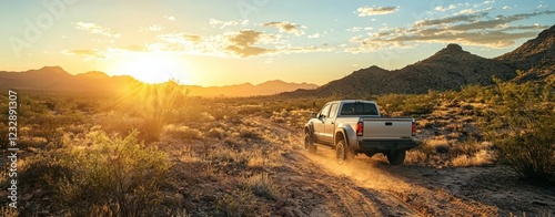 Pickup Truck on Desert Road at Sunset