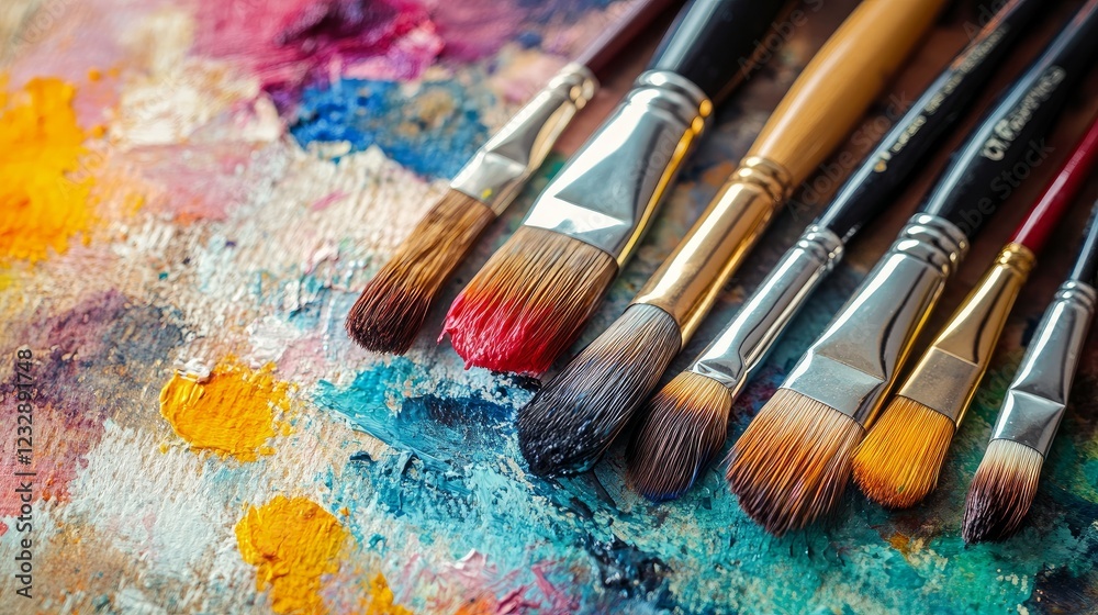 Fototapeta premium Close-up of various paintbrushes resting on a watercolor palette