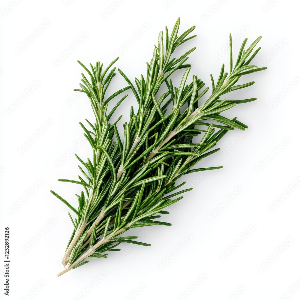 Fototapeta premium A fresh sprig of rosemary, featuring long, slender, aromatic green leaves, ideal for culinary uses and herbal remedies.