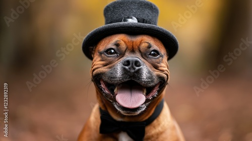 Happy Staffordshire Bull Terrier wearing a top hat and bow tie photo