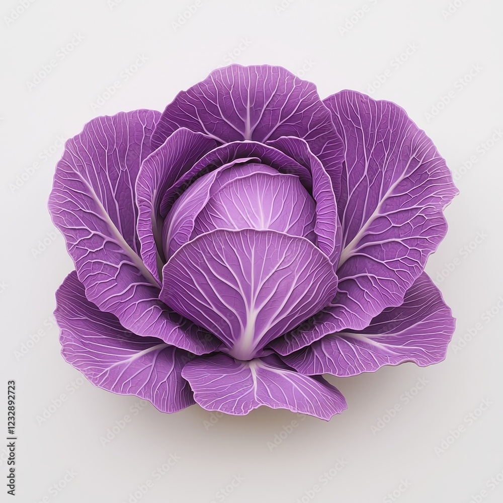 Obraz premium A vibrant purple cabbage flower with intricate leaf patterns, showcasing its natural beauty and unique color.