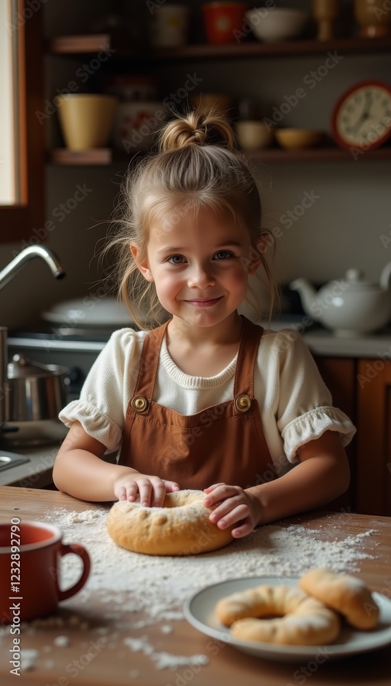 A cheerful young girl enjoys kneading dough in a cozy kitchen, embodying the joy of baking and early culinary experiences. A cheerful young girl enjoys kneading dough in a cozy kitchen, embodying the joy of baking and early culinary experiences.