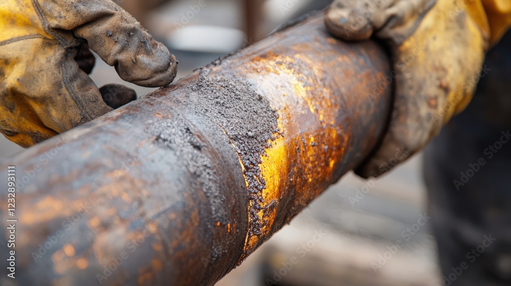 A man is holding a rusty pipe with his gloved hands A man is holding a rusty pipe with his gloved hands