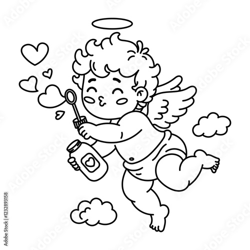 Vector illustration of adorable Cupid blowing heart-shaped bubbles while flying among clouds