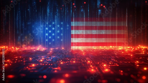 Digital American Flag with Cyberpunk Aesthetic Representing Technology, Cybersecurity, and National Security Themes in Red, Blue, and High-Tech Glowing Tones