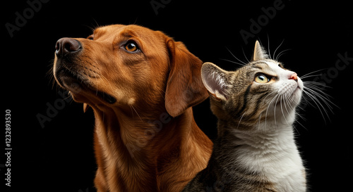 Dog and cat looking up. Brown dog and tabby cat are posing together on black background