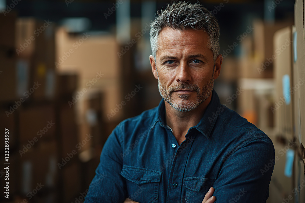 Obraz premium Middle aged handsome businessman posing in warehouse